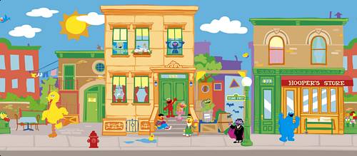 Grover, Cookie Monster, Oscar the Grouch, Count Von Count, Elmo, Zoe, Bert and Ernie from Sesame Street