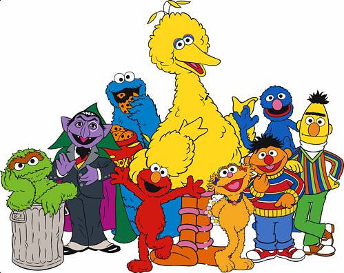Big Bird, Cookie Monster, Grover, Oscar the Grouch, the Count, Bert, Ernie, Elmo & Zoe from Sesame Street
