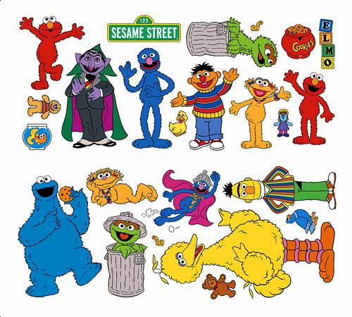 Grover, Cookie Monster, Oscar the Grouch, Count, Zoe, Elmo, Bert and Ernie from Sesame Street