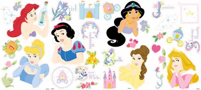 Cinderella, Snow White, Aurora/Sleeping Beauty, Belle, Ariel and Jasmine