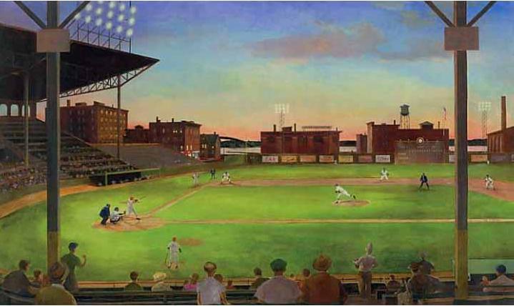 First Pitch Under the Lights in the Baseball Stadium Chair Rail Wall Mural UR2024M